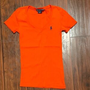 Ralph Lauren Bright Orange V Neck with Blue Logo